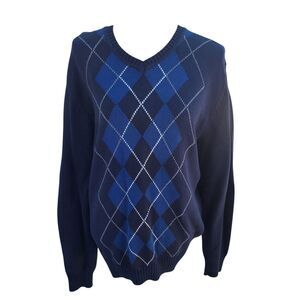 Basic‎ Editions Navy Blue Argyle Sweater Mens Medium V Neck Pullover Knit